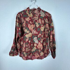 Lizsport Womens Petite Small  Floral Button-Up Shirt Long Sleeve Blouse Top Red
